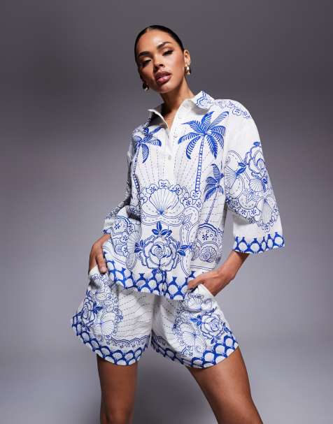 River Island riviera printed pull on shorts in blue