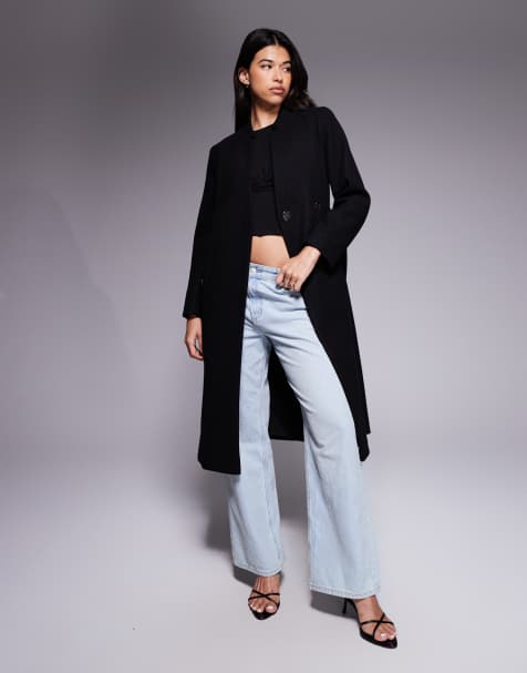 River Island notch belted wrap coat in black - view 1