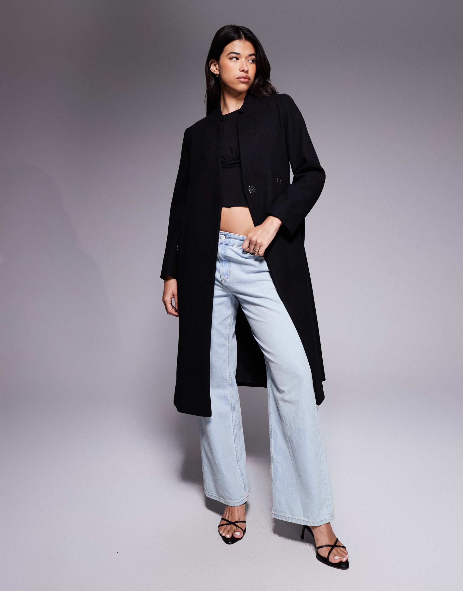 river island notch belted wrap coat in black