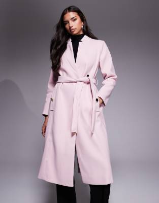 River Island Notch Belted Wrap Coat In Pink