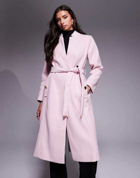River Island notch belted wrap coat in light pink - view 1