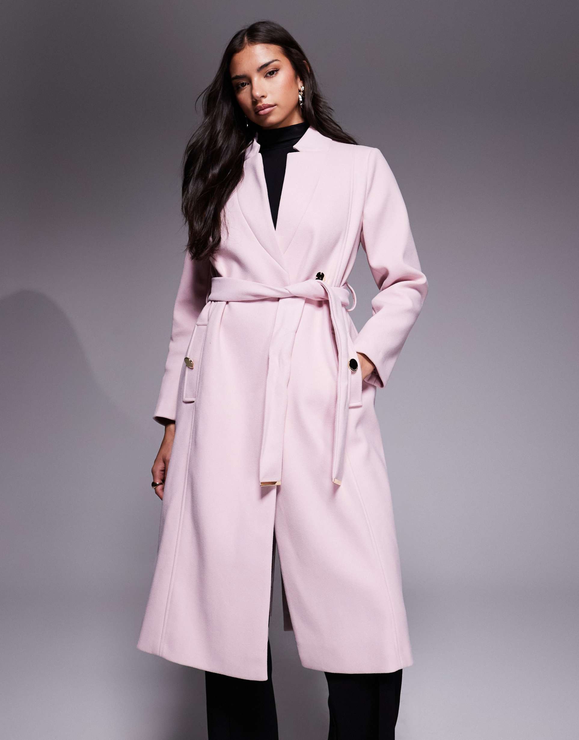 river island notch belted wrap coat in light pink