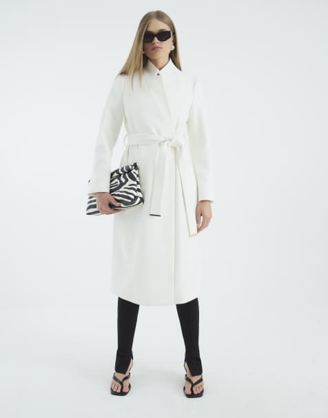 River Island Notch collar belted wrap coat in cream - view 1