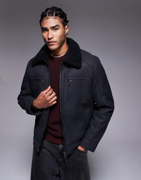 River Island Nubuck zip shearling western jacket in black - view 1