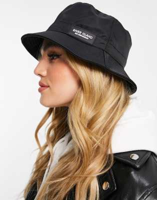 River Island Nylon Branded Bucket Hat In Black ModeSens