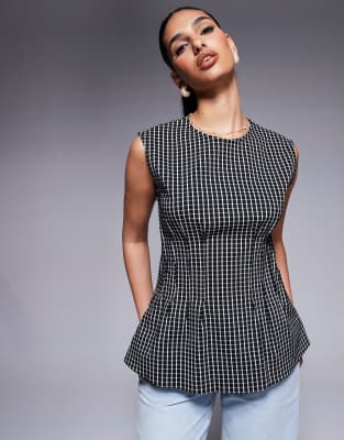 River Island - Oberteil aus Bengaline in Schwarz kariert mit Biesen