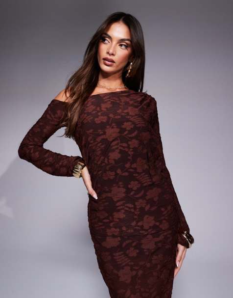 River Island – Oberteil aus floralem Ausbrennersamt in Braun mit One-Shoulder-Design, Kombiteil - view 1