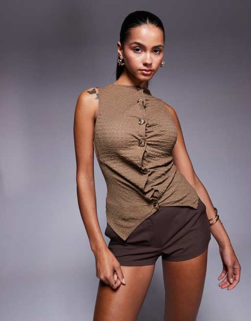 River Island – Oberteil in Dunkelbraun mit Knopfleiste und Struktur 
