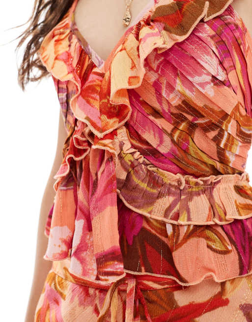 River Island – Oberteil in Orange mit Rüschen, Blumenmuster und Trägern, Kombiteil, 3 von 4