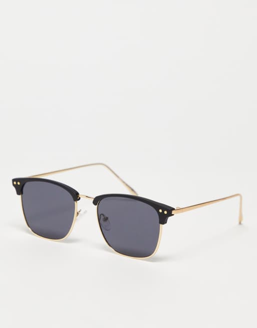 River Island - Occhiali da sole in metallo color oro con lenti nere