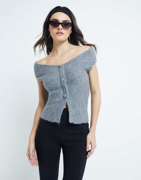 River Island off shoulder knitted top in gray - view 1