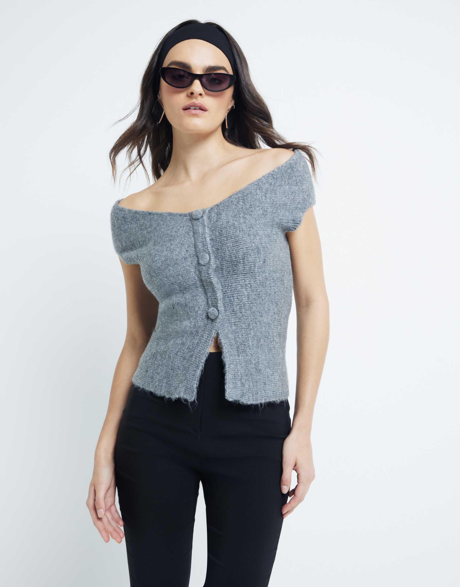 river island off shoulder knitted top in gray