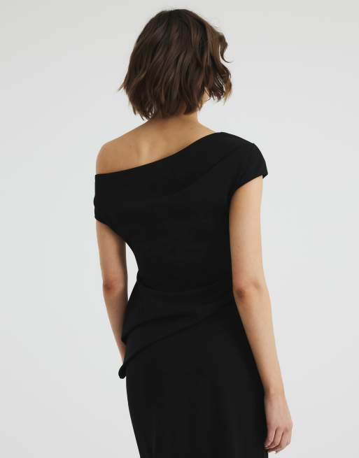 River Island Off shoulder layered midi dress in black ASOS