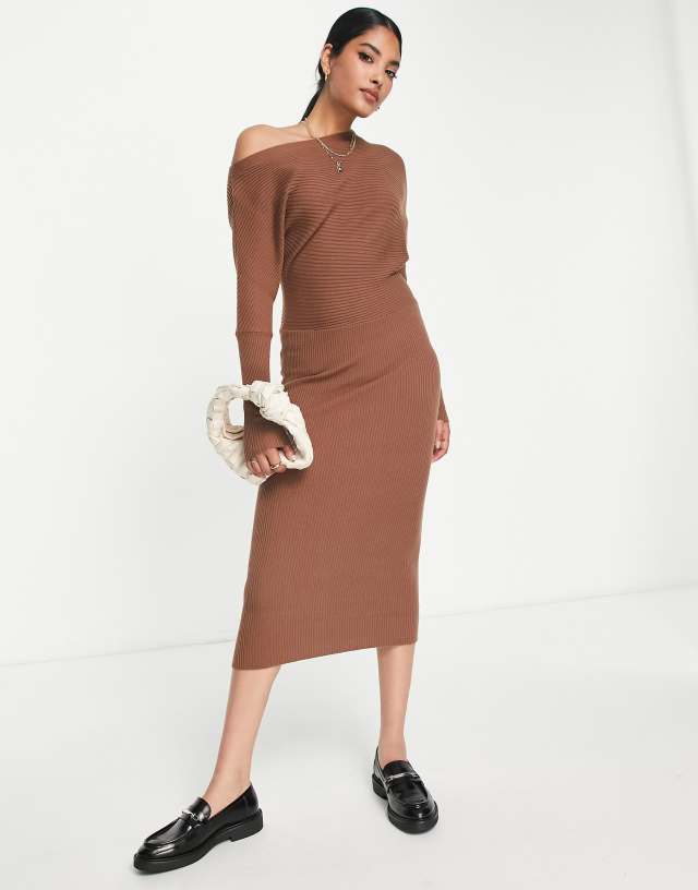 River Island off shoulder midi dress in brown