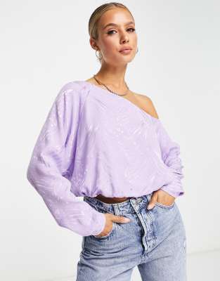 River Island off shoulder satin top in purple - ASOS Price Checker