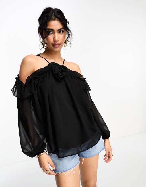 River Island off shoulder top with corsage detail in black | ASOS