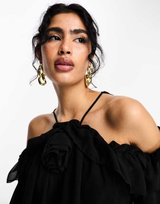 River Island off shoulder top with corsage detail in black