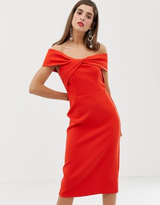 red off the shoulder midi dress