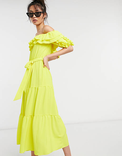 River Island off-the-shoulder midi dress in yellow | ASOS