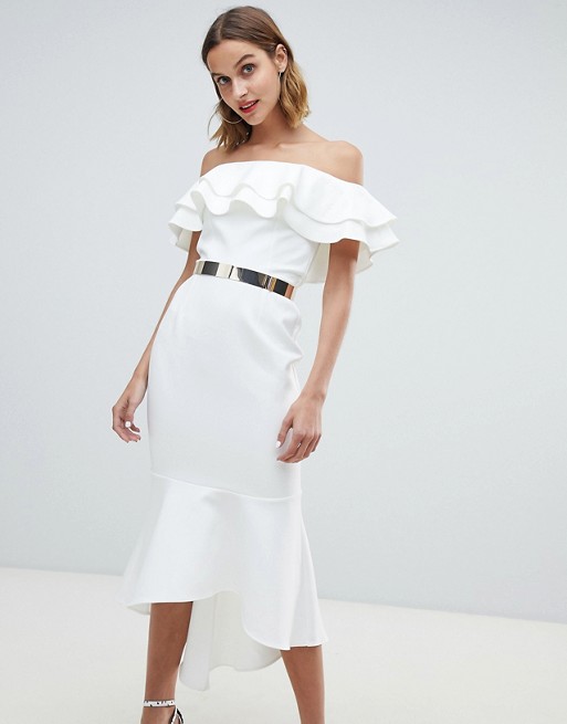 River Island off the shoulder midi dress with belt detail in ivory