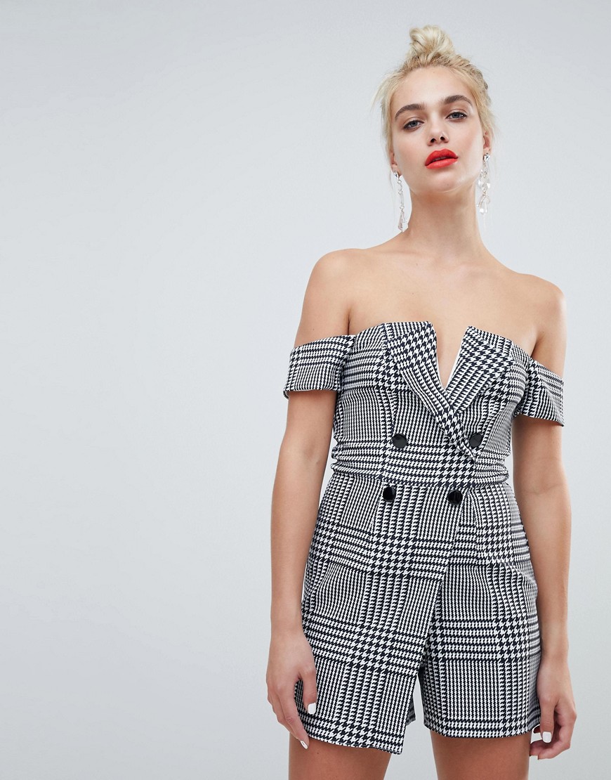River Island off the shoulder playsuit with double breasted button detail in grey check