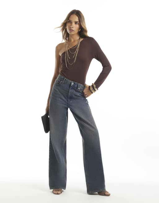 River Island One shoulder bodysuit in brown - dark, 3 of 4