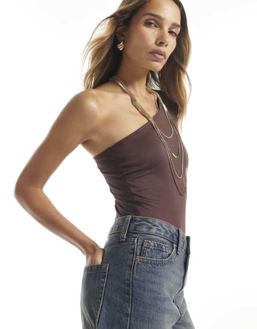 River Island one shoulder bodysuit in brown, 2 of 4