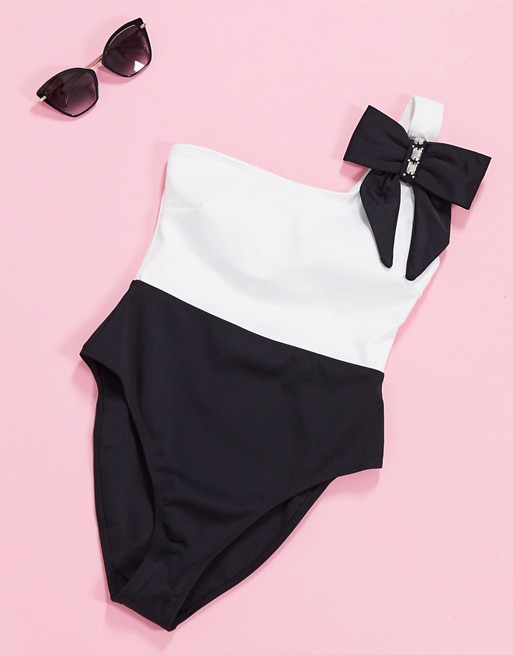 River Island one shoulder bow swimsuit in monochrome