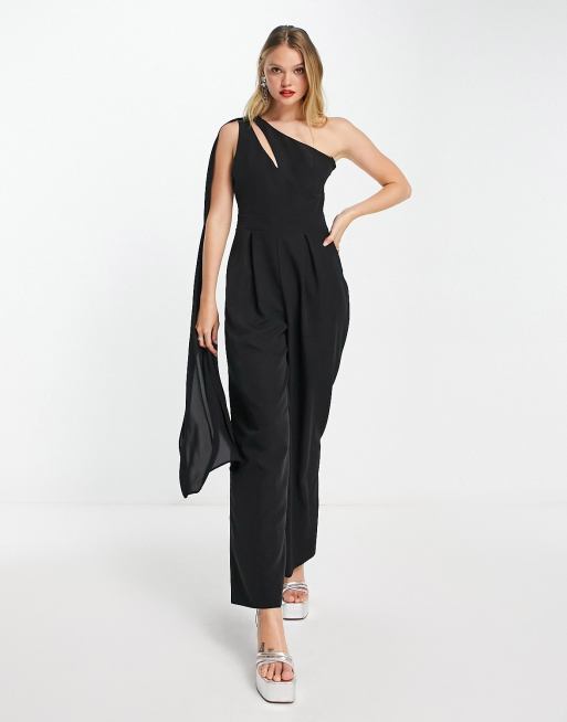 River Island one shoulder drape detail jumpsuit in black