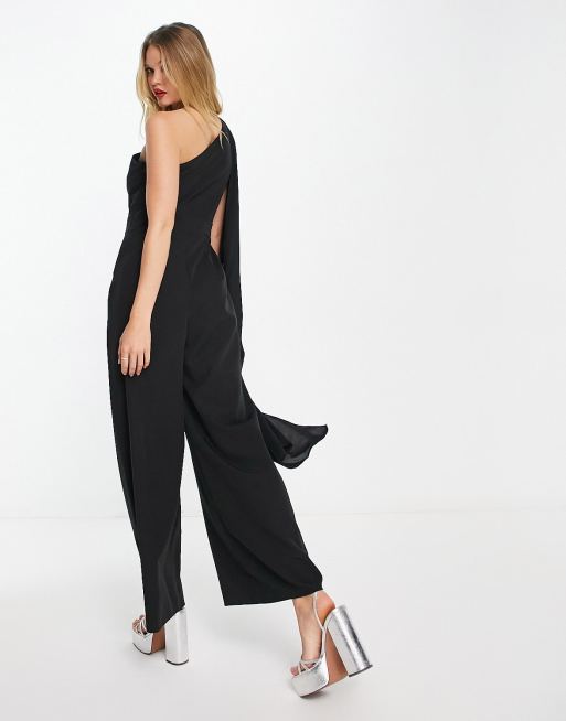 River Island one shoulder drape detail jumpsuit in black