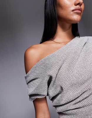 River Island One Shoulder Draped Textured Top In Gray