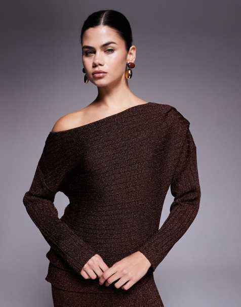 River Island one-shoulder glitter textured loungewear top in brown - part of a set - view 1