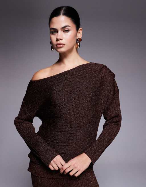 River Island one shoulder glitter textured loungewear top in brown (part of a set)