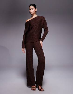 River Island One-shoulder Glitter Textured Loungewear Top In Brown