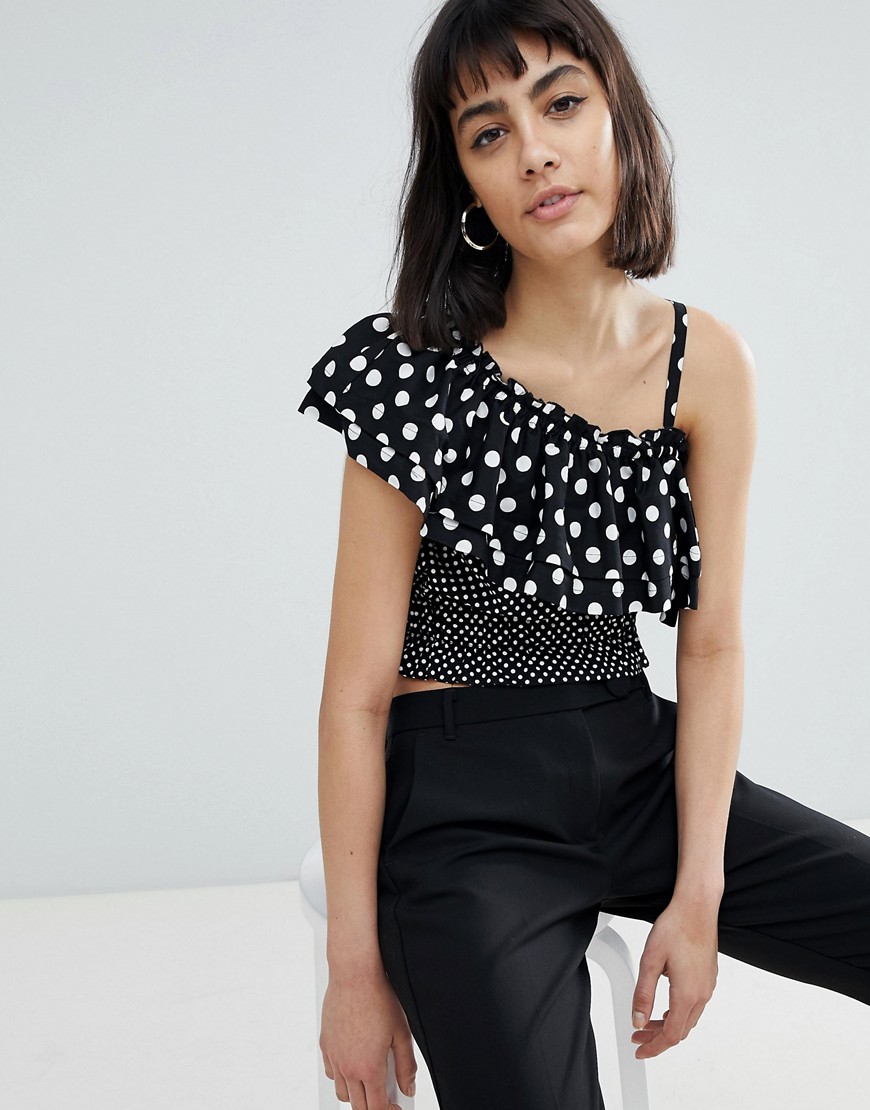 River Island One Shoulder Mixed Polka Dot Cropped Blouse-Multi