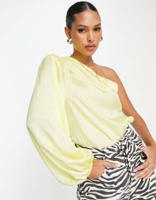 River Island one shoulder puff sleeve satin top in yellow