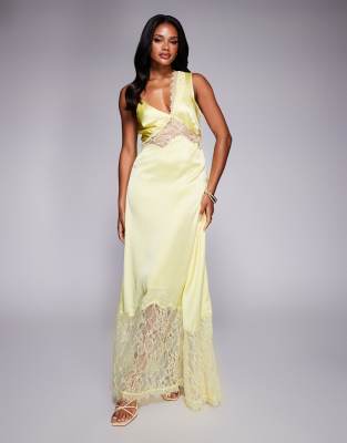 River Island One Shoulder Satin Midi Dress In Yellow