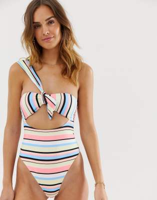 striped one shoulder swimsuit