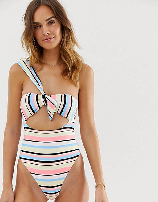 River Island one shoulder swimsuit with knot front in stripe