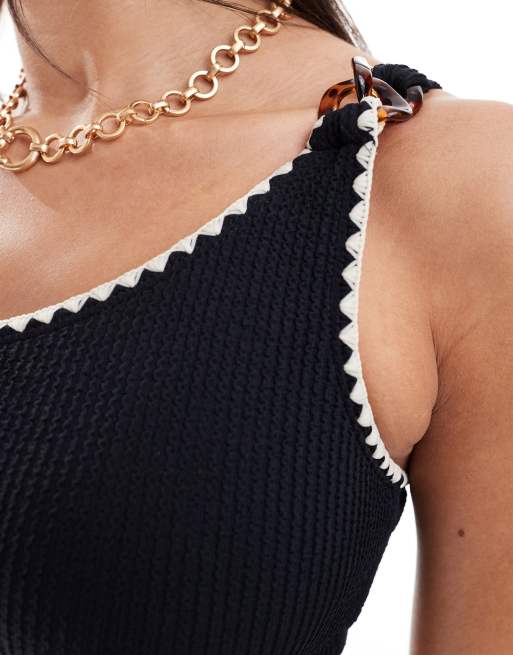River Island one shoulder whipstitch bikini top in black, 4 of 4