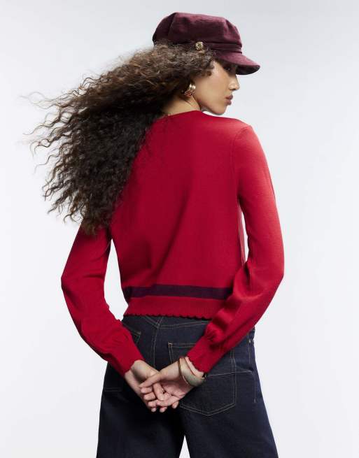 River Island Open button blocked cardigan in red, 4 of 4