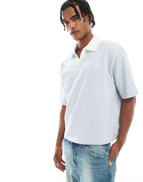 River Island open collar polo in blue seersucker - view 1