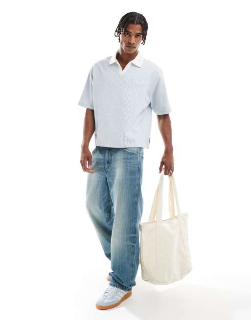 River Island open collar polo in blue seersucker, 2 of 4
