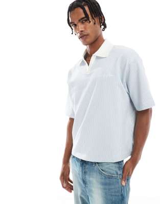 open collar polo shirt in blue seersucker