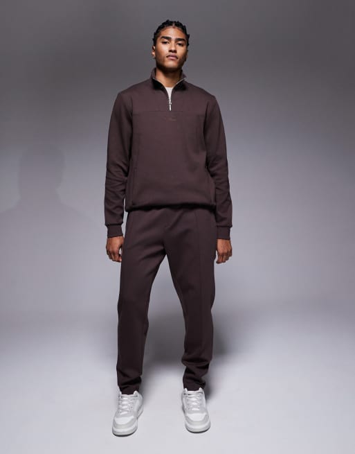 River Island Open Hem Pintuck Jogger in Brown in Scuba-Style Fabric