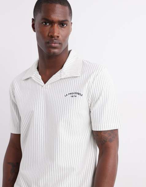 River Island open neck polo co-ord in cream stripe