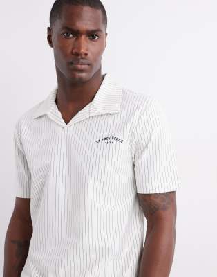 open neck polo shirt in cream stripes - part of a set-White
