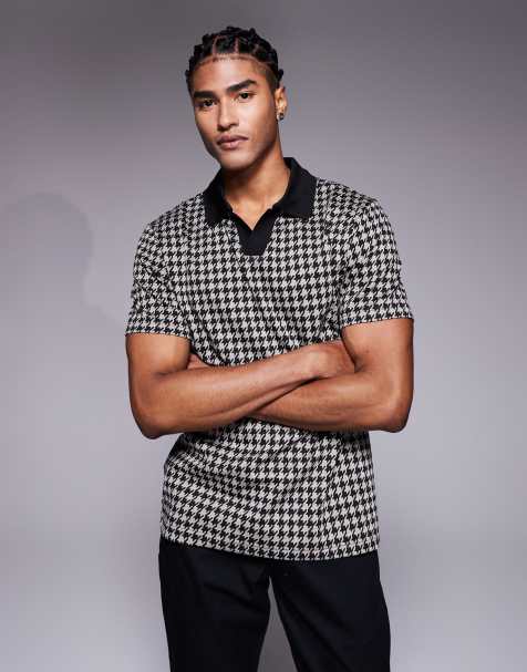 River Island open neck polo top in black print