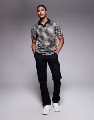 River Island Open Neck Polo Top In Black