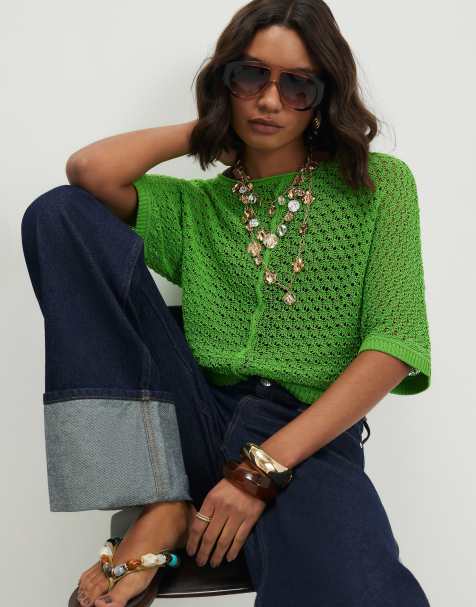 River Island Open stitch knit t-shirt in green - view 1